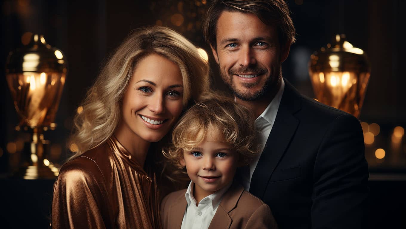 Smiling family: mother, father and their young son close together in front of a warmly lit background.