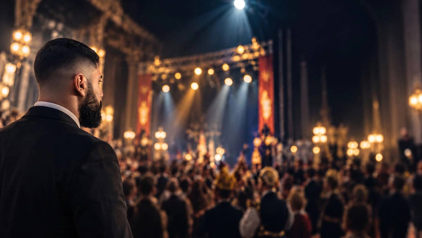 Security officer with an earpiece seen from behind, in front of an illuminated carnival stage and its audience
