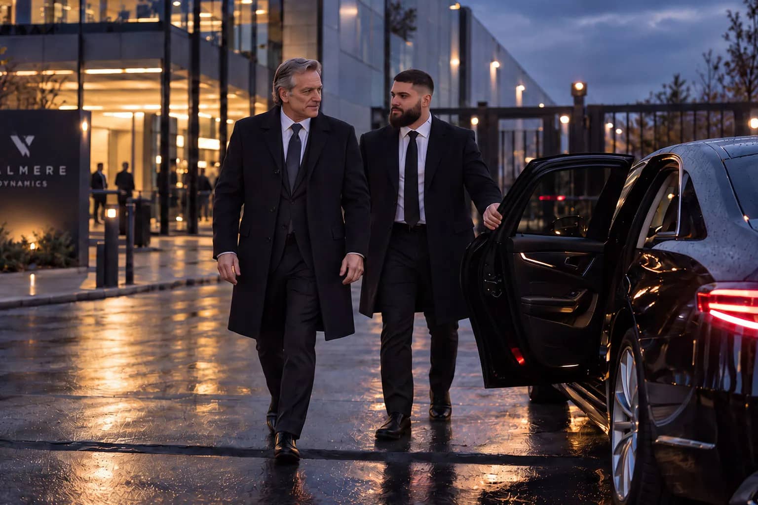 Ein Personenschützer begleitet eine Führungskraft am Abend über einen regennassen Vorplatz vom Firmengebäude zur Limousine und hält ihr die hintere Tür auf.
