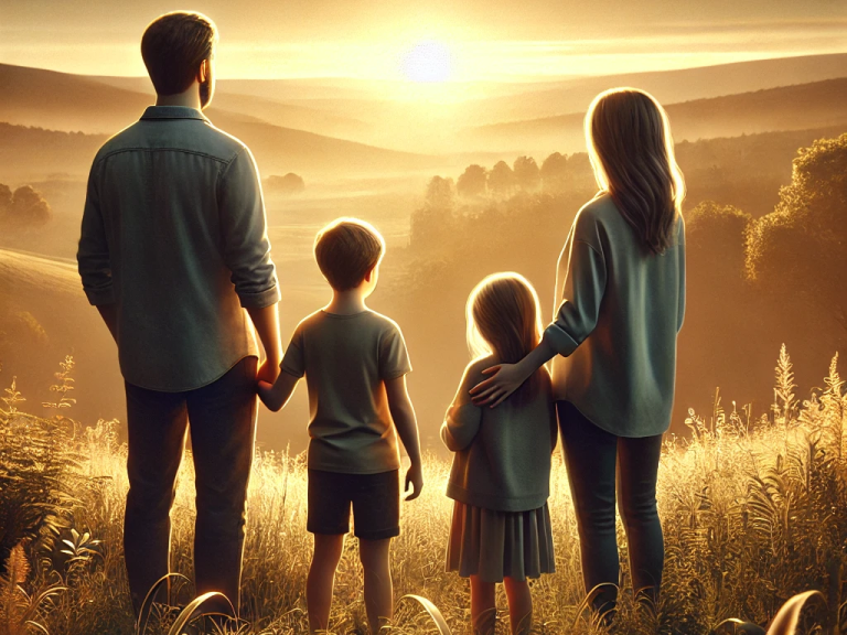 Familie steht Hand in Hand vor einem Sonnenuntergang über einer hügeligen Landschaft.