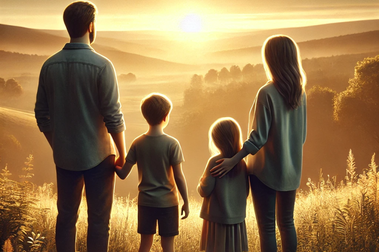 Familie steht zusammen auf einem Feld, blickt auf eine wunderschöne Sunset-Landschaft.