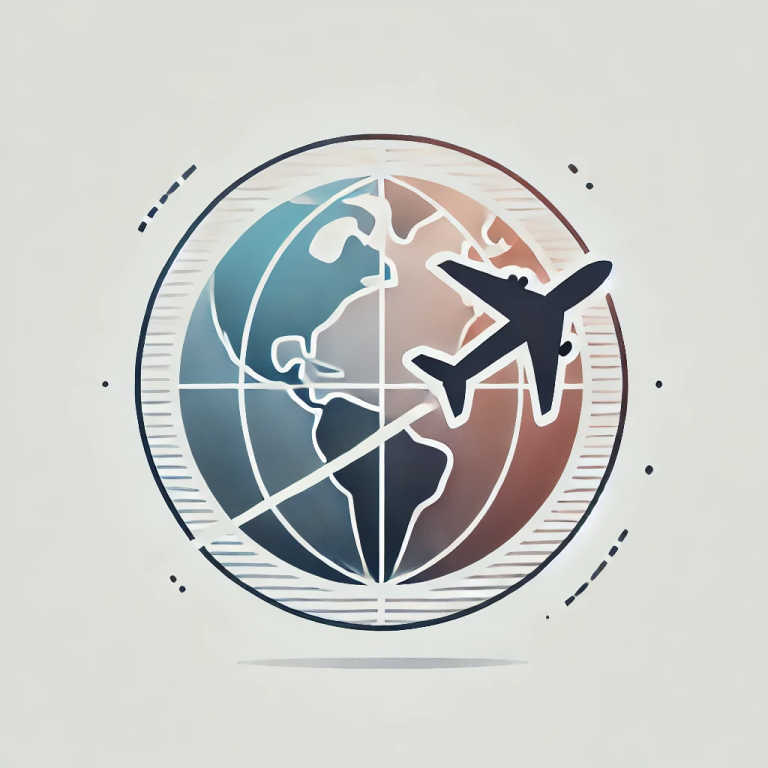 Ein Flugzeug über einer stilisierten Weltkarte mit Koordinaten.