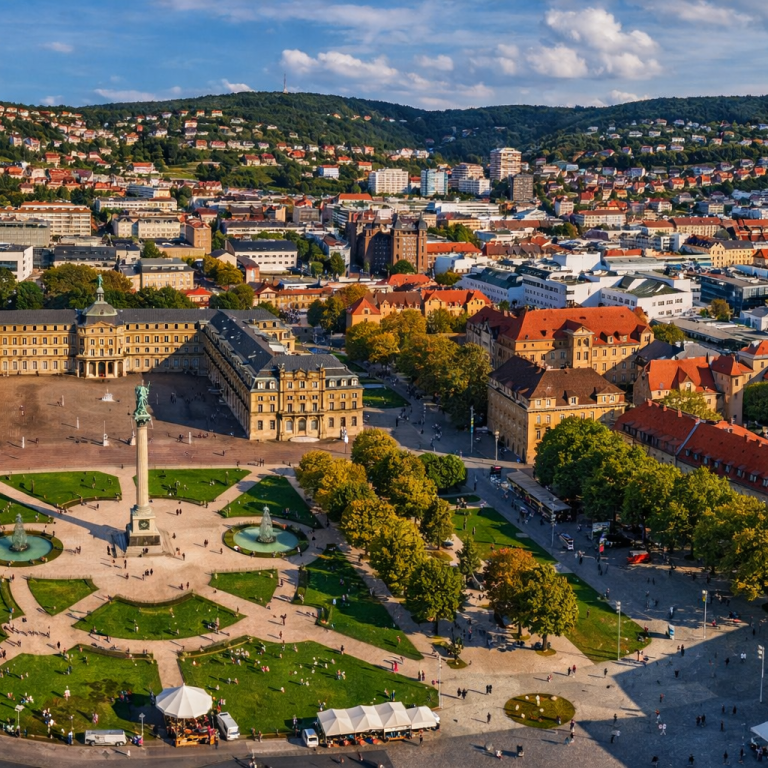 Panoramaansicht von Stuttgart mit Schlossplatz, Brunnen und umgebender Architektur.