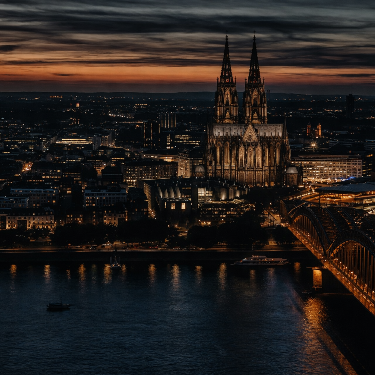 Köln mit dem Kölner Dom und der Hohenzollernbrücke bei Sonnenuntergang.