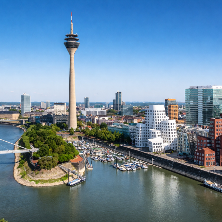 Blick auf den MedienHafen Düsseldorf mit dem Rheinturm und modernen Gebäuden.