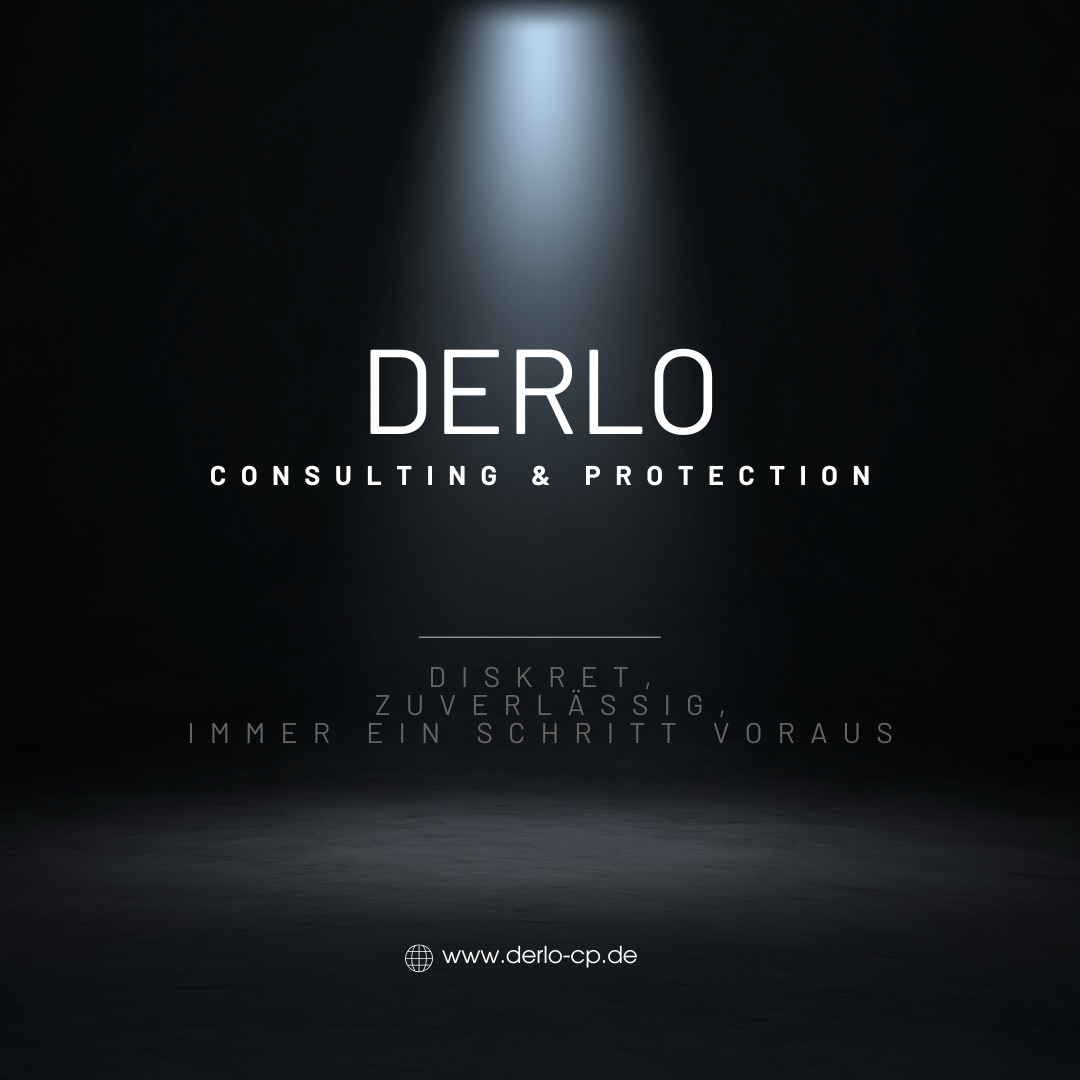 Schwarzer Hintergrund mit Lichtstrahl und Text: "DERLO CONSULTING & PROTECTION".