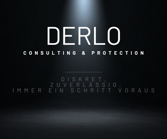 Logo von Derlo Consulting & Protection mit dem Slogan „Immer ein Schritt voraus“.