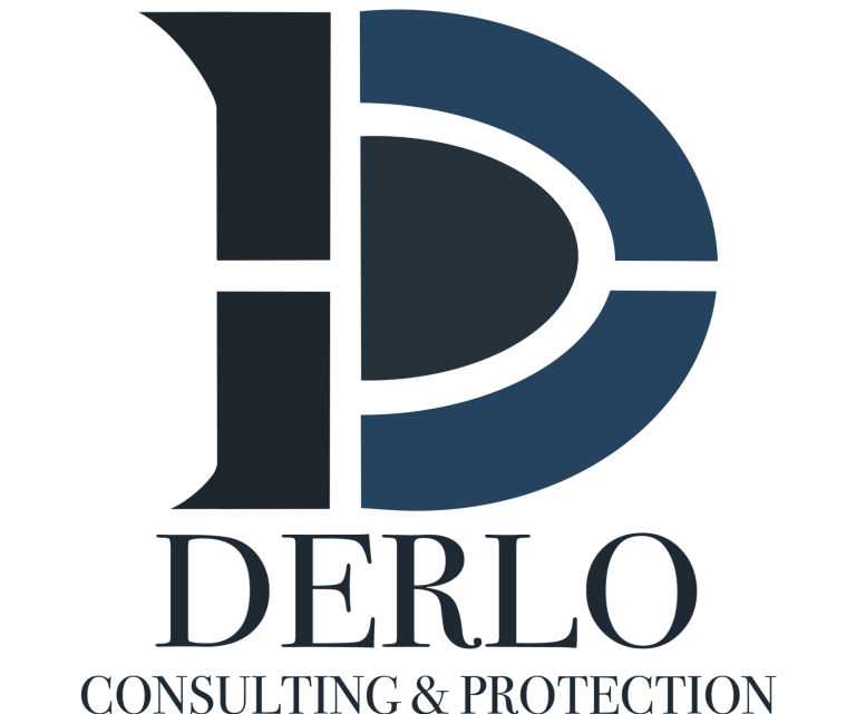Ein Logo mit einem großen D in den Farben Blau und schwarz. Unter dem Logo steht Derlo Consulting & Protection.