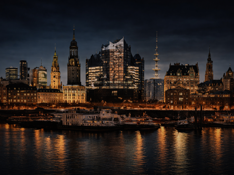 Hamburgs Skyline bei Nacht mit beleuchteten Gebäuden und reflektierendem Wasser.