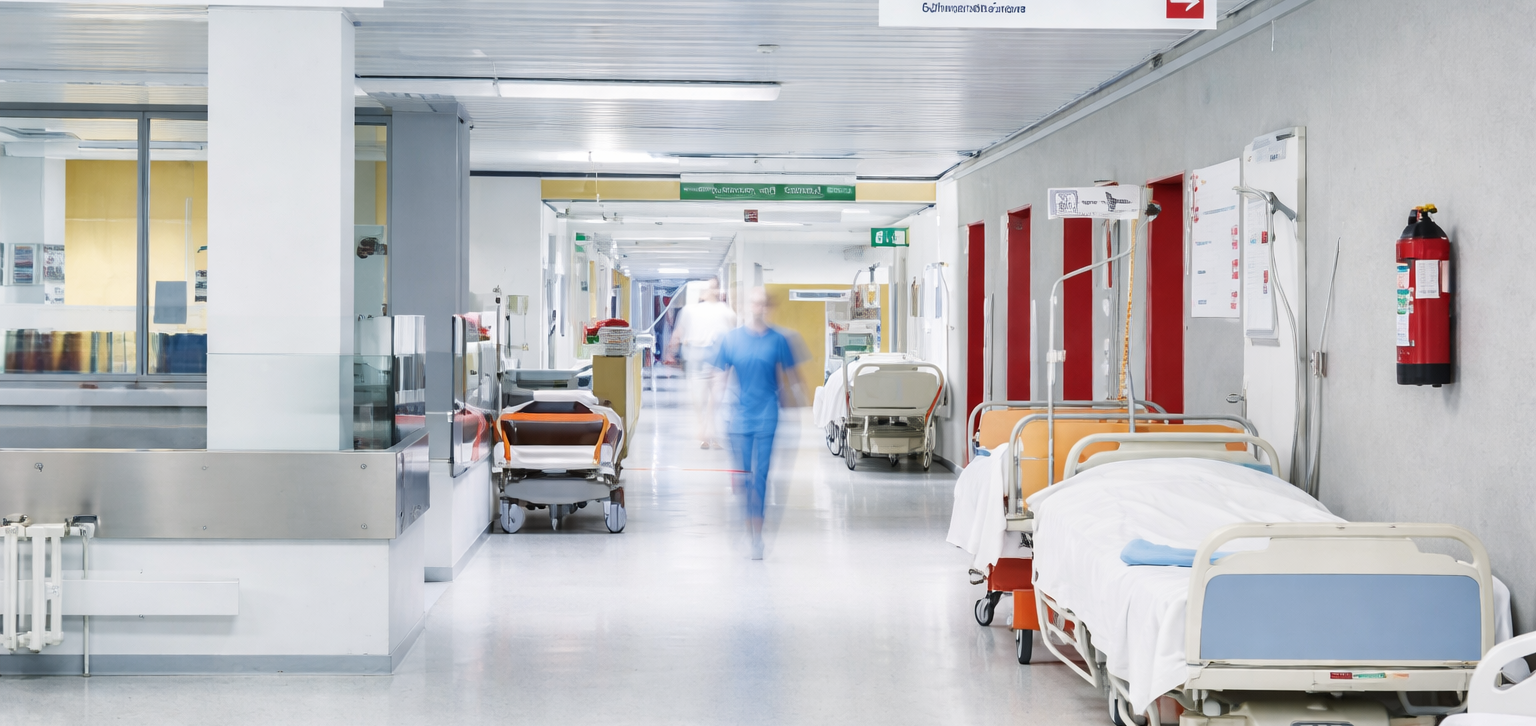 Leerer Krankenhausflur mit Betten und einem Mitarbeiter in blauer Kleidung.