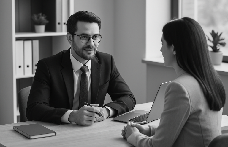 Zwei Personen in formeller Kleidung führen ein Gespräch am Tisch in einem Büroumfeld.