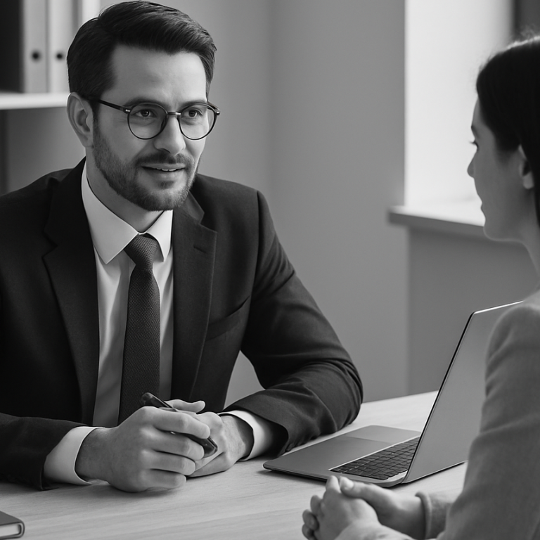 Gespräch zwischen einem Mann im Anzug und einer Frau, beide sitzen an einem Tisch.