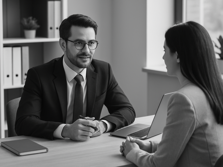 Zwei Personen im Anzug sitzen sich an einem Tisch gegenüber, in einem Büro.
