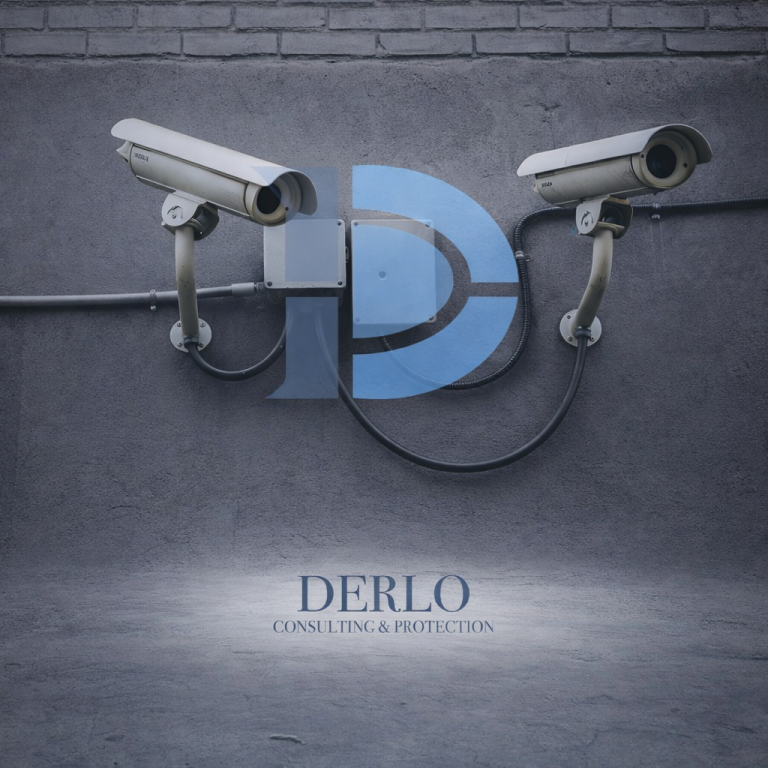 Sicherheitskameras vor einem grauen Hintergrund mit dem Logo "DERLO".